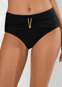 Metal Detail Mid Waisted Black Bikini Bottom