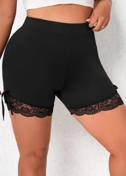 Black Patchwork Plus Size Skinny Elastic Waist Shorts