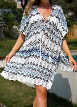 Wave Pattern Print Blue Cover Up -Modlily 326123 P 16775483568235