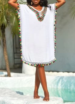 Tassel Patchwork Weave White Cover Up -Modlily 326261 P 16789341470112