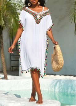 Tassel Patchwork Weave White Cover Up -Modlily 326261 P 16789341472574