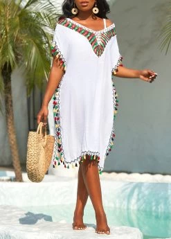 Tassel Patchwork Weave White Cover Up