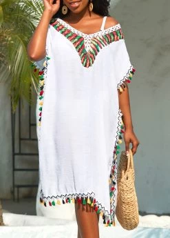 Tassel Patchwork Weave White Cover Up -Modlily 326261 P 16789341477005