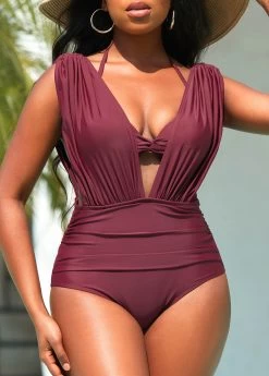 Ruched Dark Reddish Purple Tie Back Bikini Set 8 Ruched Dark Reddish Purple Tie Back Bikini Set -Modlily 326462 P 16789343623713