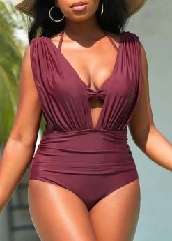 Ruched Dark Reddish Purple Tie Back Bikini Set 7 Ruched Dark Reddish Purple Tie Back Bikini Set -Modlily 326462 P 16789343625672