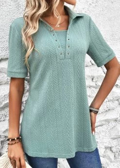 Plus Size Mint Green Eyelet Short Sleeve Blouse -Modlily 326593 P 16798805419493