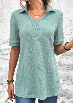 Plus Size Mint Green Eyelet Short Sleeve Blouse -Modlily 326593 P 16798805419590