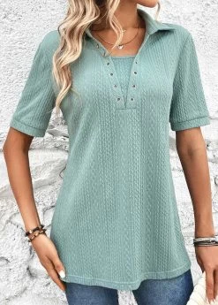 Plus Size Mint Green Eyelet Short Sleeve Blouse -Modlily 326593 P 16798805422064