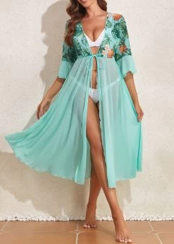 Ruffle Leaf Print Mint Green Cover Up