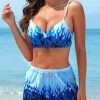 Three-piece Mid Waisted Fire Print Blue Bikini Set