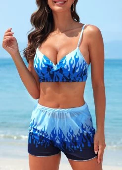 Three-piece Mid Waisted Fire Print Blue Bikini Set