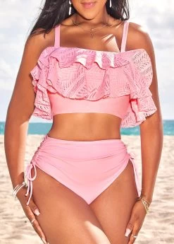 Patchwork High Waisted Light Pink Bikini Set
