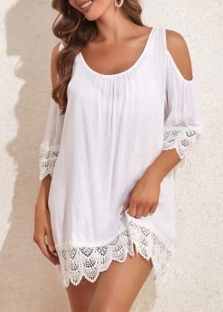 Lace Tie Back Patchwork White Cover Up