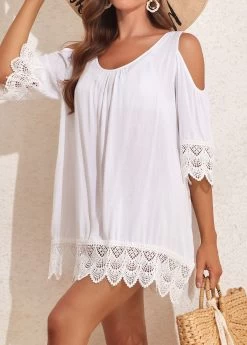 Lace Tie Back Patchwork White Cover Up 6 Lace Tie Back Patchwork White Cover Up -Modlily 327140 P 16805029055940