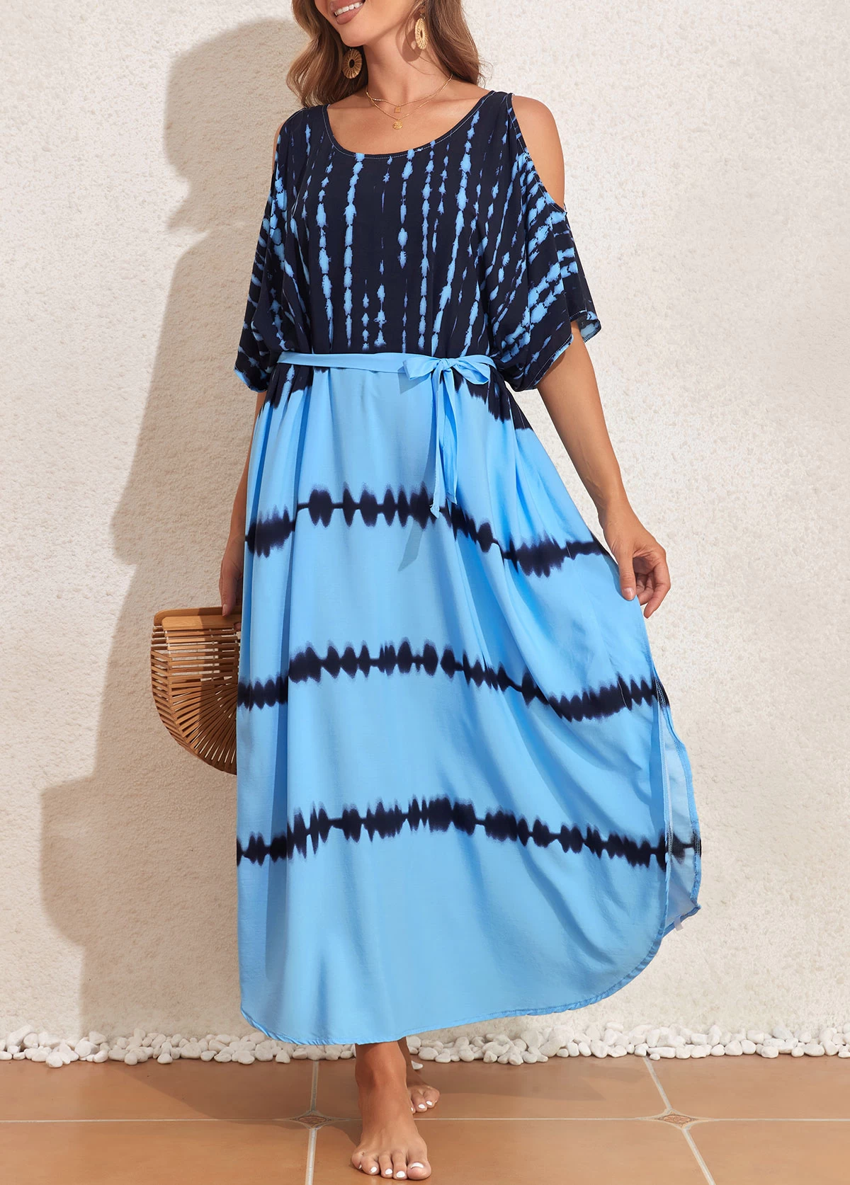 Light Blue Cut Out Tie Dye Print Cover Up 3 Light Blue Cut Out Tie Dye Print Cover Up - Image 3