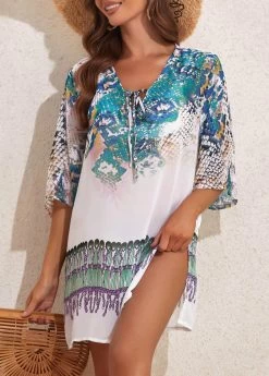 Tie Fish Scales Print White Cover Up