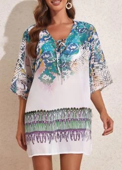 Tie Fish Scales Print White Cover Up -Modlily 327563 P 16808323344062