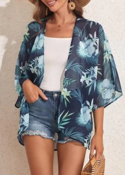 Lightweight Plants Print Blue Cover Up