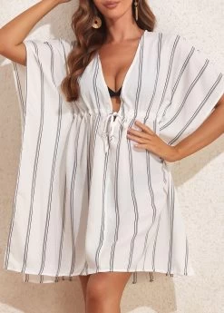 Flowy Drawstring Striped White Cover Up -Modlily 327869 P 16805023399432