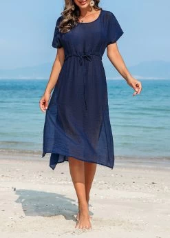Drawstring Navy Side Slit Cover Up Dress -Modlily 327870 P 16798827503503