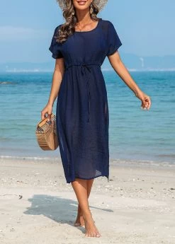 Drawstring Navy Side Slit Cover Up Dress -Modlily 327870 P 16798827503965