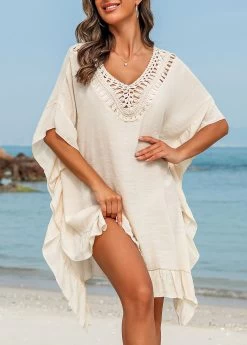 Ruffle Patchwork Tie Back Beige Cover Up -Modlily 328196 P 16796269580822