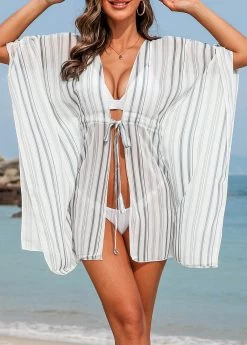 Half Sleeve Drawstring Striped White Cover Up -Modlily 328401 P 16796269560140