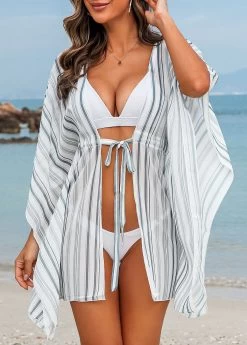 Half Sleeve Drawstring Striped White Cover Up -Modlily 328401 P 16796269564853