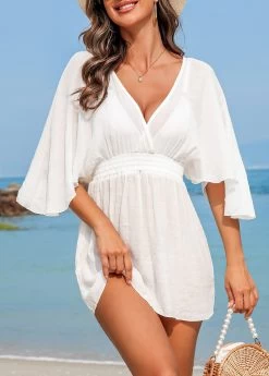 Smocked Tie Back White Cover Up -Modlily 328404 P 16796269554984