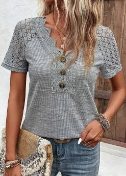 Plus Size Grey Lace Short Sleeve T Shirt -Modlily 328441 P 16831833101753