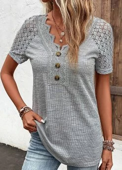 Plus Size Grey Lace Short Sleeve T Shirt -Modlily 328441 P 16831833103072