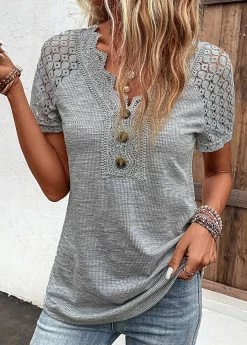 Plus Size Grey Lace Short Sleeve T Shirt -Modlily 328441 P 16831833104704