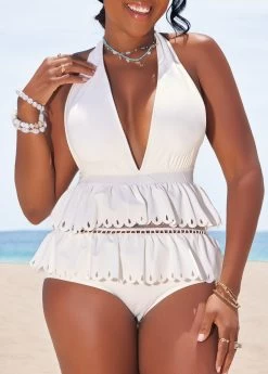 Burn Out Printing White Lace One Piece Swimwear -Modlily 328591 P 16861880521383