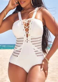 Lace Up White Patchwork One Piece Swimwear -Modlily 328601 P 16824734516134