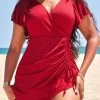 Surplice Ruffle Drawstring Red Swimdress Top-No Bottom