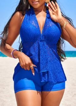 Lace High Waisted Royal Blue Tankini Set -Modlily 328611 P 16808633418074