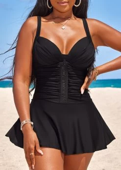 Circular Ring Ruched Black Swimdress Set