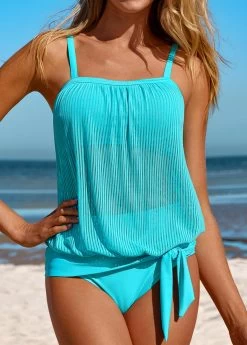 Mesh High Waisted Cyan Tankini Set
