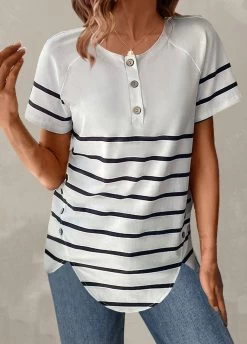 Plus Size White Button Striped T Shirt 8 Plus Size White Button Striped T Shirt -Modlily 328743 P 1678183025998