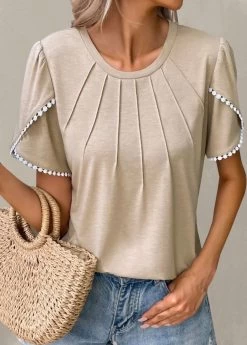 Plus Size Light Camel Patchwork T Shirt -Modlily 328745 P 1678175218258