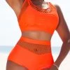 Mesh Patchwork High Waisted Orange Bikini Set