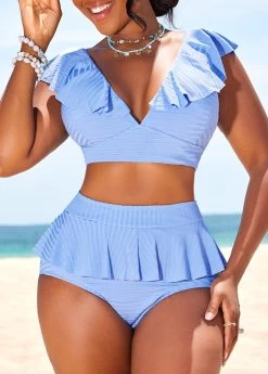 Ruffle High Waisted Light Blue Bikini Set -Modlily 329078 P 16848400131712