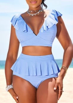 Ruffle High Waisted Light Blue Bikini Set -Modlily 329078 P 16848400138844
