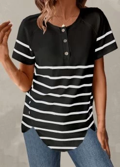 Plus Size Black Button Striped T Shirt -Modlily 329809 P 1679387224474