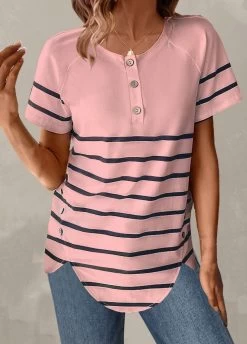 Plus Size Light Pink Button Striped T Shirt -Modlily 329810 P 1679387240777