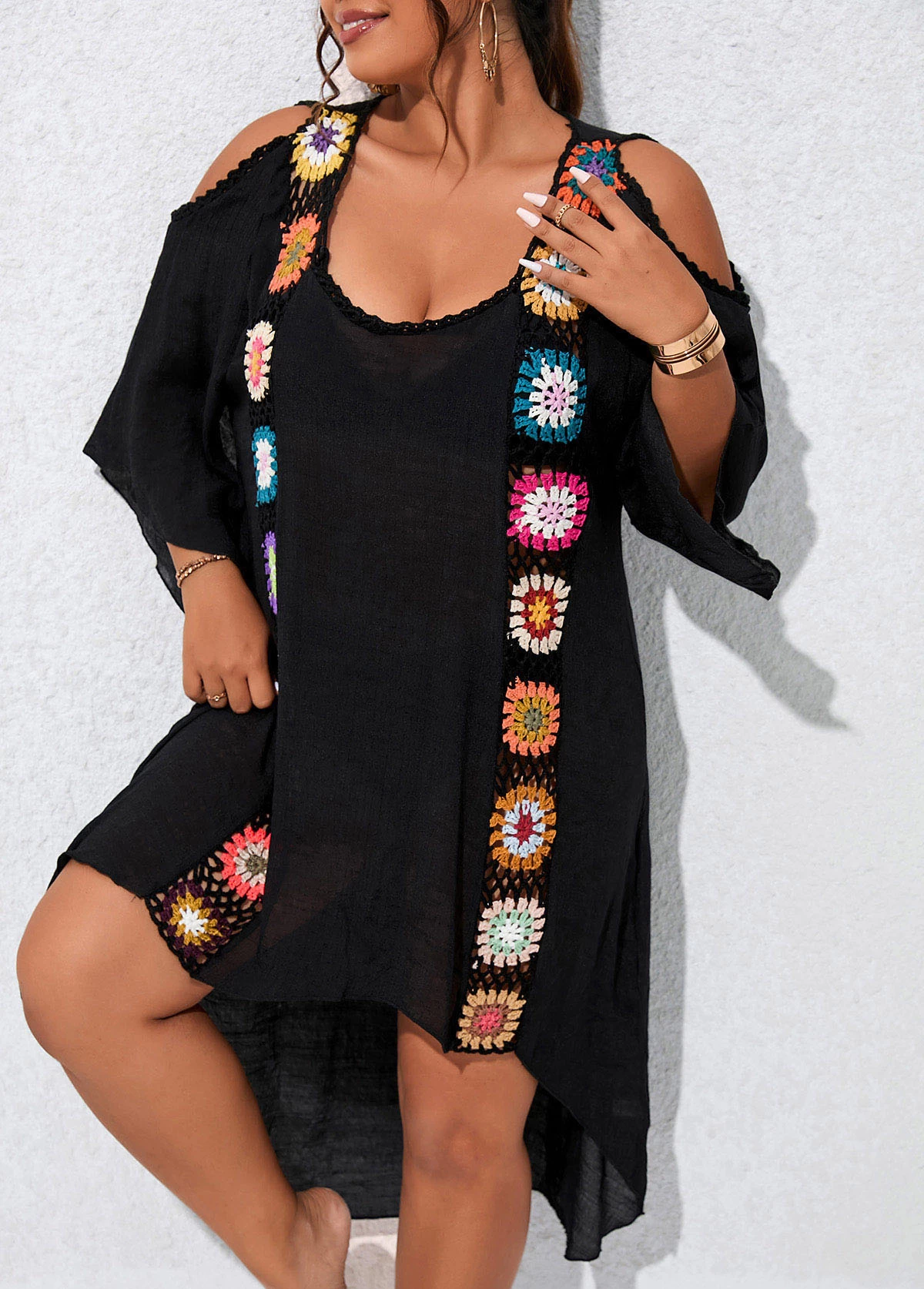 Plus Size Weave Patchwork Black Cover Up 1 Plus Size Weave Patchwork Black Cover Up
