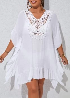 Plus Size Tassel Patchwork White Cover Up -Modlily 330150 P 16805050640603
