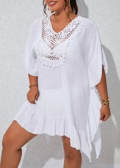 Plus Size Tassel Patchwork White Cover Up -Modlily 330150 P 16805050641402