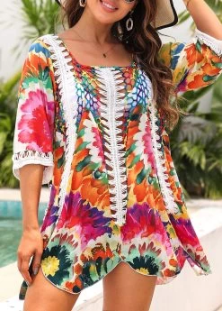 Patchwork Tie Dye Print Multi Color Cover Up -Modlily 330152 P 16818983169644