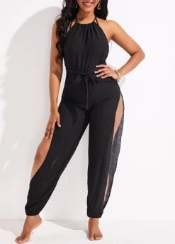 Split Cutout Tie Black Beach Jumpsuit -Modlily 330471 P 16836309814453